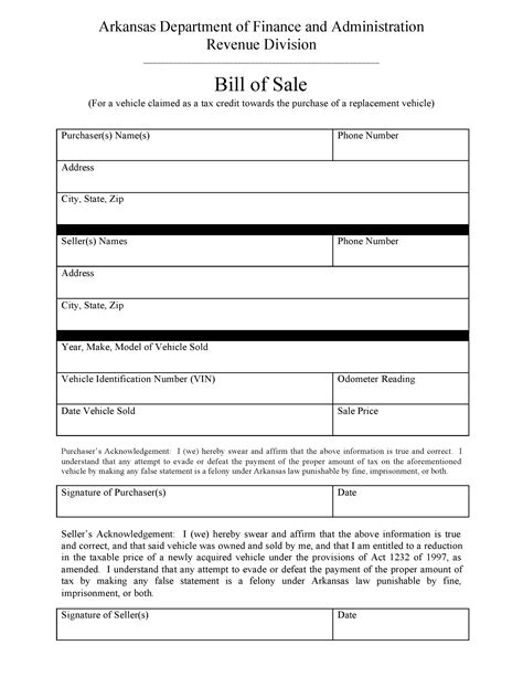 Bill Of Sale Template Arkansas