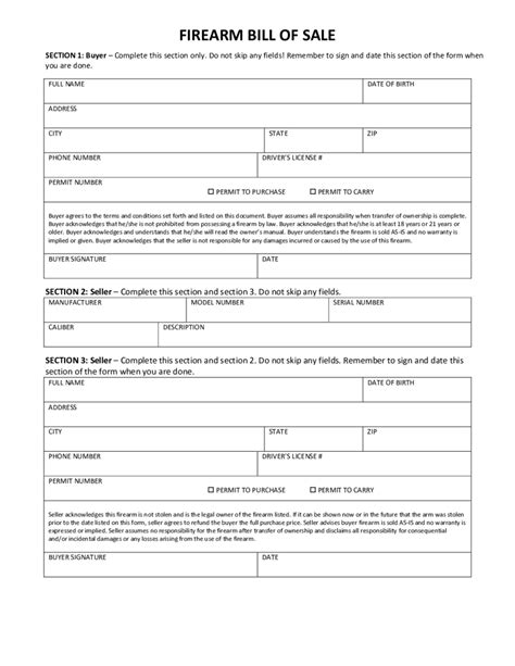 Bill Of Sale Template For Firearm