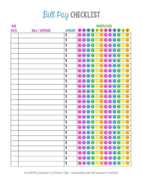Bill Payment Checklist Free Printable