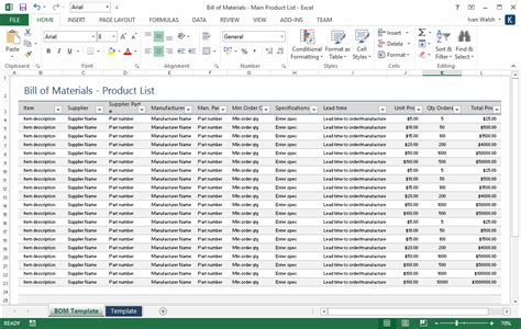 Bill of Materials Template Software Development Templates, Forms