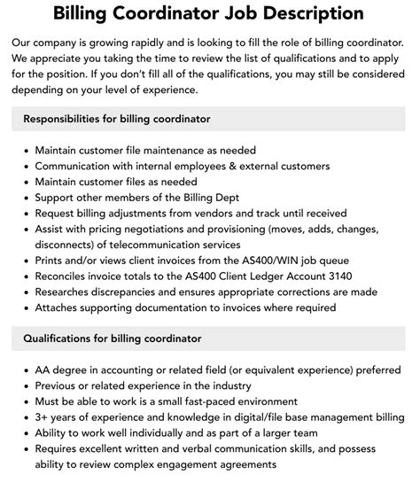 Billing Coordinator Job Description Template Monster.com