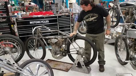 Billy Lane handstarts 1915 Harley board track racer