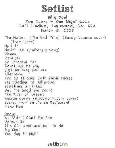 Billy.joel stevie nicks setlist. Get the Billy Joel Setlist of the concert at Tokyo Dome, Tokyo, Japan on January 24, 2024 from the Billy Joel in Concert Tour and other Billy Joel Setlists for free on setlist.fm! 
