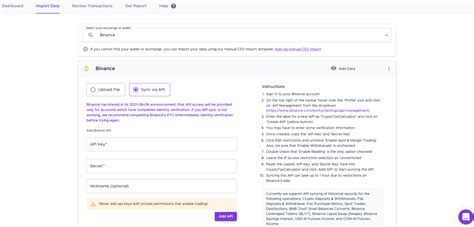 Binance read only API key Sublime IP Cryptocurrency Tax Tool