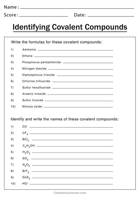 Binary Covalent Compounds Worksheet