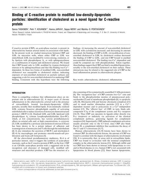 Binding of C-reactive protein to modified low-density-lipoprotein ...