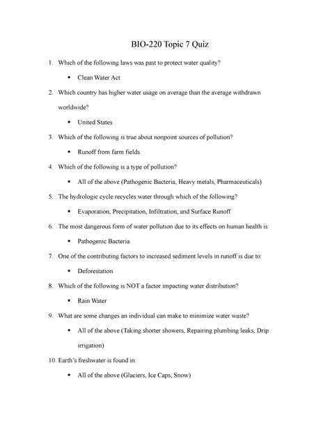 Topic 5 BIO 220 Quiz - answers & questions 1-10. answers & questions 1-10. Course. Environmental Science (BIO-220) 999+ Documents. Students shared 2439 documents in this course. University Grand Canyon University. Academic year: 2024/2025. Uploaded by: Abbie Aponte. Grand Canyon University. 0 followers. 5 Uploads.