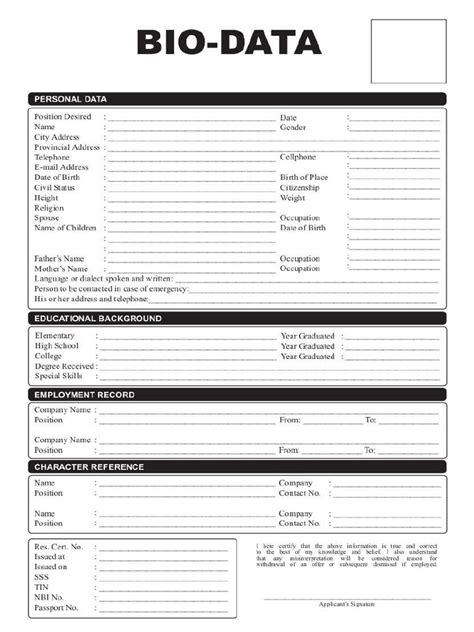 Bio Data Form Philippines Copyrighted Images