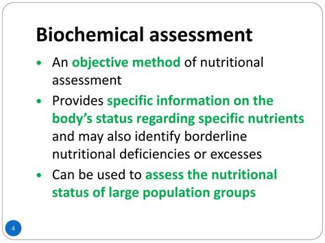 Biochemical assessment involves measuring.  An example of this method would be to take...