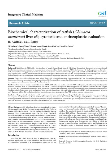 Biochemical characterization of ratfish ( Chimaera monstrosa ) liver …