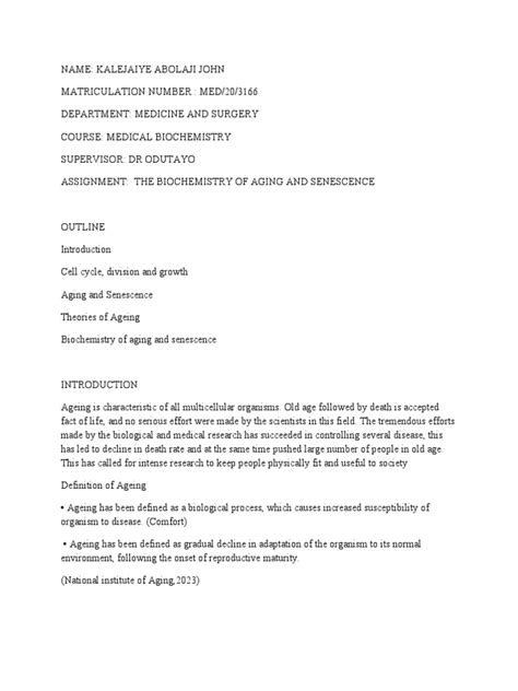 Biochemistry of Ageing Assignment PDF Meiosis Senescence