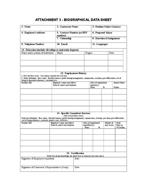 Biographical data sheet template word
