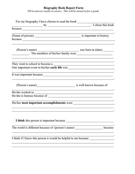 Biography Book Report Form in Word and Pdf formats