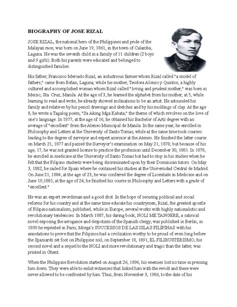 Biography of jose rizal summarize texts