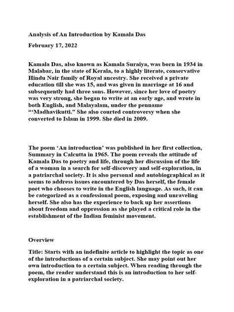 Biography of kamala das introduction analysis