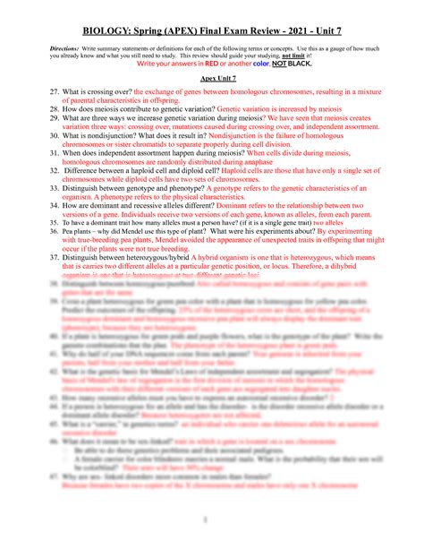 Biology Spring Final Review Answers