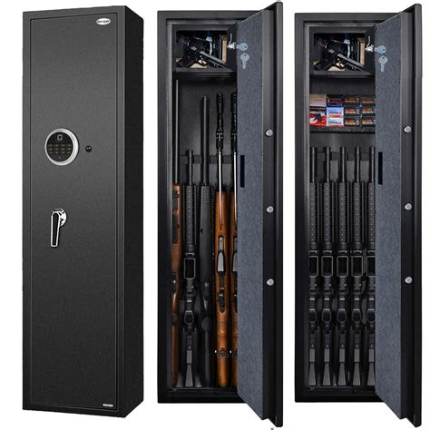 Biometric rifle safe. This 14 gun capacity large fireproof biometric digital rifle safe from RPNB is designed to protect your pistols and rifles from fire and theft. Tested to comply with UL 72 Standard, it is capable of withstanding extreme temperature up to 40 minutes at 1200℉. It features 3 pistol holsters, 2 fully adjustable shelves, LED sensor light, a zippered pocket, and a pop-up zippered pocket. 