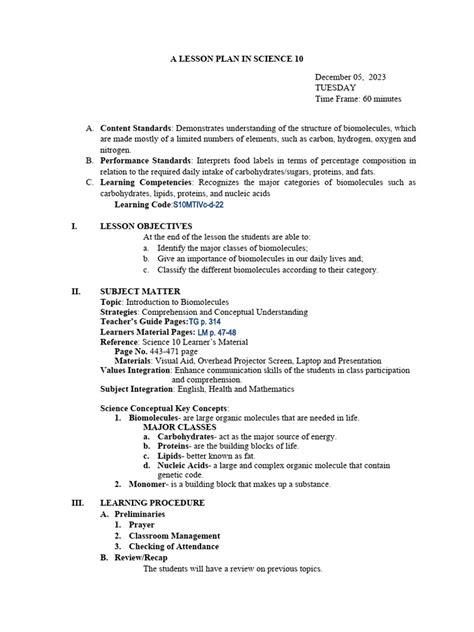 Biomolecules class 11 lesson plan.  It outlines objectives for students to dist...