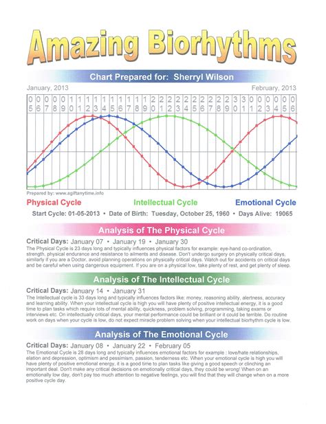 Click the calculate button and you will get a full chart of your biorhythm cycles; Consult the charts for all three cycles, marked in different colors. These charts will show your biorhythm for a given day, a week, two weeks, 28 days or more.