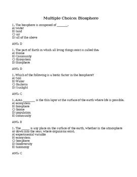 Biosphere Multiple Choice Questions Sheet