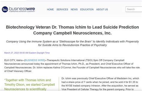 Biotechnology Veteran Dr. Thomas Ichim to Lead Suicide …