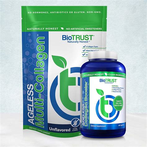 Biotrust. Look no further than Ageless Collagen Booster, the breakthrough from BioTRUST that provides the crucial support for the body's NATURAL collagen production because it provides your body the right collagen-supporting nutrients in their premier forms—and in the effective amounts. That’s because Ageless Collagen Booster features all five ... 