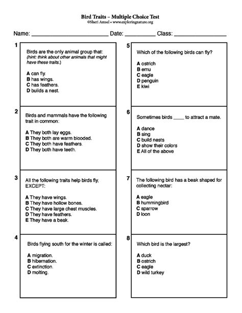 Bird Traits Multiple Choice Test