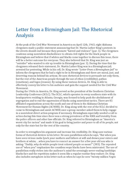 Birmingham Jail Letter Notes - Rhetorical Analysis …