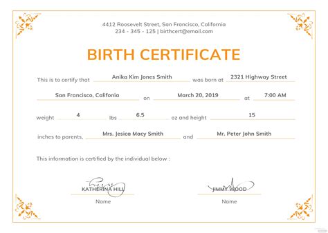 Birth Certificate Editable Template