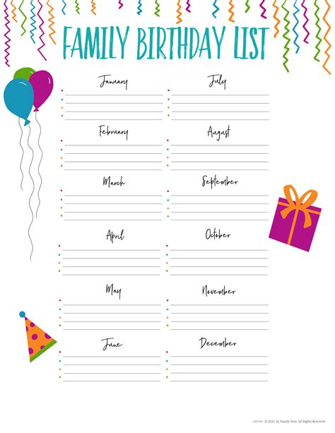 Birthday List Template Word
