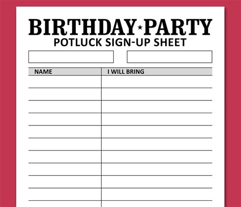 Birthday Potluck Sign up Sheet Printable Template, Brunch Dinner Party