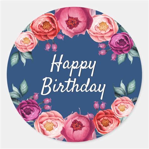 Birthday floral navy blue rose gold blush pink classic round sticker