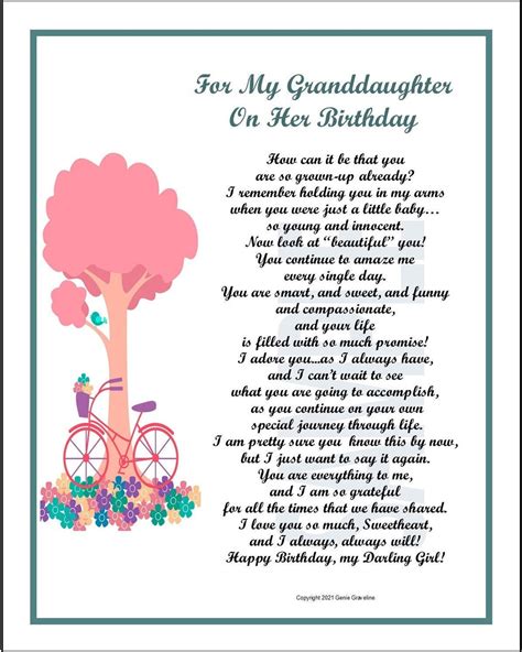 Birthday poem granddaughter. Happy 10th birthday, Granddaughter! You are such a special and amazing person, and I am so proud of you. I hope that this year is as wonderful as you are! You are such a kind and caring person, and I love spending time with you. I hope that your 10th birthday is as wonderful as you are! You are such a special person, and I love you very much. 