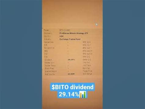 The previous ProShares Trust - ProShares Bitcoin Strategy ETF (BITO) dividend went ex 18 days ago for 14.03c and was paid 11 days ago. ... ProShares Bitcoin Strategy ETF dividend was 14.03c and it went ex 18 days ago and it was paid 11 days ago. There are typically 9 dividends per year (excluding specials). Latest Dividends.