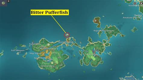 Players can find two Fishing Spots with Puffer and Bitter Puffer Fish in the Mondstadt region. Outside Springvale, west of the Mondstadt City gates West of Dawn Winery Image Credit: Genshin Impact Map Liyue offers only one Fishing Spot with Puffer Fish and Bitter Puffer Fish. East of Liyue Harbor Image Credit: Genshin Impact Map. 