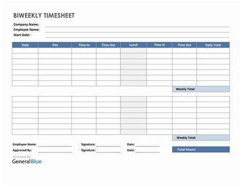 Biweekly Timesheet with Lunch Break in Excel