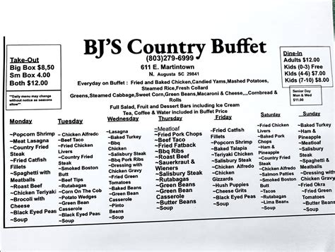 You can specify link to the menu for BJ's Country Buffet using the form above. This will help other users to get information about the food and beverages offered on BJ's Country Buffet menu. Menus of restaurants nearby. 