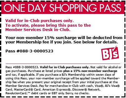 Bjs one day pass. Sam’s Club 1-Day Shopping Pass. Sam’s Club used to offer a 1-Day Shopping Pass, which allowed non-member guests to shop at Sam’s Club for 24 hours without a membership.Though it came with a few restrictions: Shoppers using a 1-Day Shopping Pass will be charged a 10% fee on all purchases. 