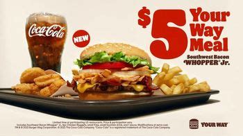 The $5 Your Way Meal also comes with 4-piece nuggets, a small order of french fries, and a small drink. The $5 Your Way Value Meal first appeared on BK's national menu back in late December 2021 and is now back on menus nationwide. It is unclear how long the bundled meal will stay on the BK menu. The $5 Your Way Value Meal will join Burger King .... 