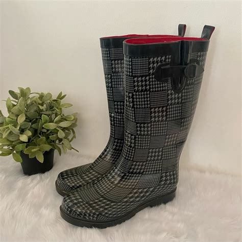 Black White HOUNDSTOOTH Rubber Rain Boots Worn 1X!