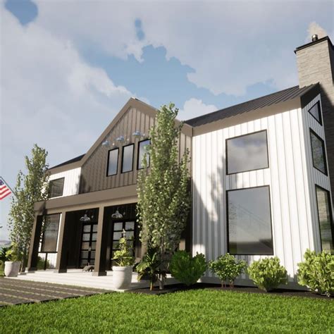 The white exterior gives the entire building a clean minimalist look. The matching white wagon doors blend seamlessly into the home, but add visual interest with the different textures. The black metal accents of the door track and light fixtures give small pops of contrast. The window frames are simple and rectangular keeping the focus on the .... 