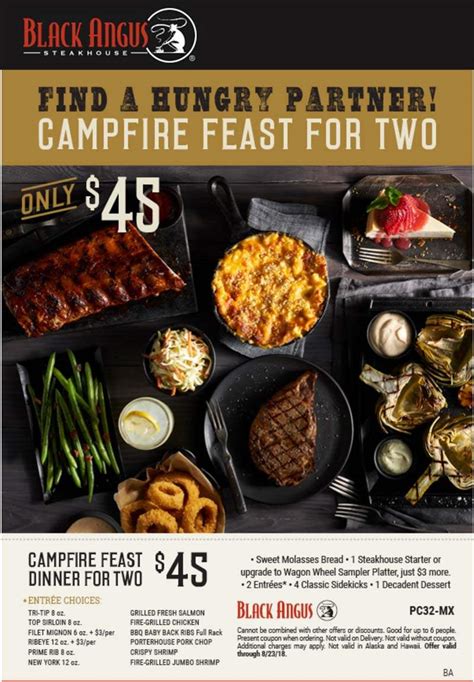 The Campfire Feast is a coupon offer at Black Angus Steakhouse. The Campfire Feast is a meal for two that includes one starter, …. 