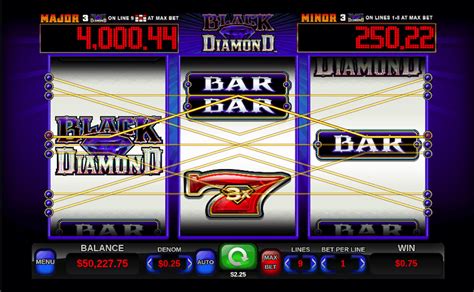 Black diamond slot machine. This classic video slot machine features familiar symbols like golden Bars and a range of different gemstones, including emeralds and amethysts as the lower-paying icons. Collect no less than 3 Bars to win up to 10 coins. The same number of Red Rubies can boost your bankroll with up to 200 coins. 