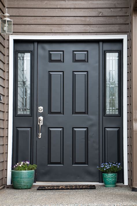 Black door. 36 in. x 80 in. 9-Lite Right-Hand Inswing Jet Black Painted Steel Prehung Front Exterior Door with Brickmold. Add to Cart. Compare. Expert Installation Available. $2950.40. JELD-WEN. 60 in. x 80 in. Right-Hand 1/2 Lite Vapor Hammered Glass Black Steel Prehung Front Door with Sidelites. Add to Cart. 