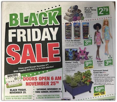 Next. Browse the Menards Black Friday 2022 Ad for deals on a generous selection of products. The offers are valid from November 24th through December 4th. The retailer will keep its stores closed on Thanksgiving Day. The flyer highlights price drops and savings on air fryers, blankets, lights, and much more. Here are some of the deals included .... 