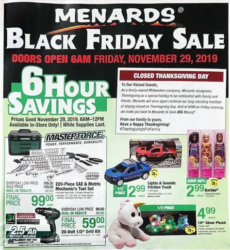 Menards dropped its 2022 Black Friday ad on November 22, 2022. Menards Black Friday ad scan is 32 pages long. Menards Black Friday deals will be available to shoppers from November 25 through December 04, 2022. Doors will open at 6 AM, Friday 25th, 2022. . 