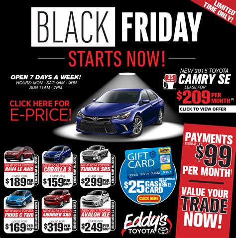 Black friday vehicle deals. Nov 10, 2022 · Purchase Deal: 2.49% financing for 36 months and no payment for 90 days. The Mazda CX-30 is the top-rated vehicle in its class and it's a fun drive to boot! With sporty handling, a smooth ride and a swanky cabin, there's not much to dislike about this subcompact SUV. The base model comes with a 2.5-liter four-cylinder engine that makes 186 ... 