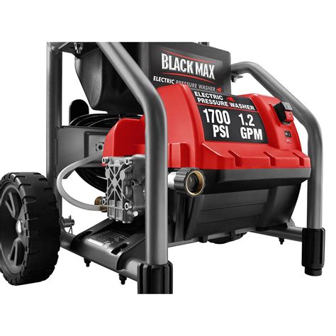 Black max electric pressure washer. Overview. Clean dirt and grime with this 1,700 MAX psi 1.2 gpm Electric Cold Water Pressure Washer. The included soap bottle helps you keep surfaces fresh, and the pressure washer is easily transportable with its convenient top handle. Keep the wand, power cord, hose, turbo nozzle, and 40° nozzle organized with on-board storage. 