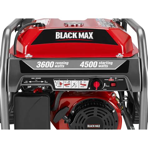 The Black Max 3600-Watt Generator features MaxSense CO Sensor Technology, which means this generator will automatically shut down if dangerous levels of carbon monoxide are detected, keeping you and those around you safe. This generator provides up to 10 hours of runtime on a 50% load thanks to the powerful 212cc OHV engine and a 4-gallon metal .... 