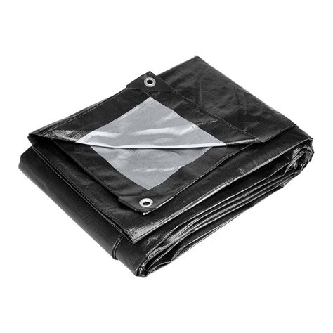Square shape measures 20 ft. x 20 ft. Heavy-duty tarp is reversible and comes in a black/silver color. Ideal for heavy-duty outdoor use. Great for roof repair, lawn, garden, construction, camping, pool cover, landscaping and hauling. Woven treated, high-density polyethylene fabric material provides tear resistance.